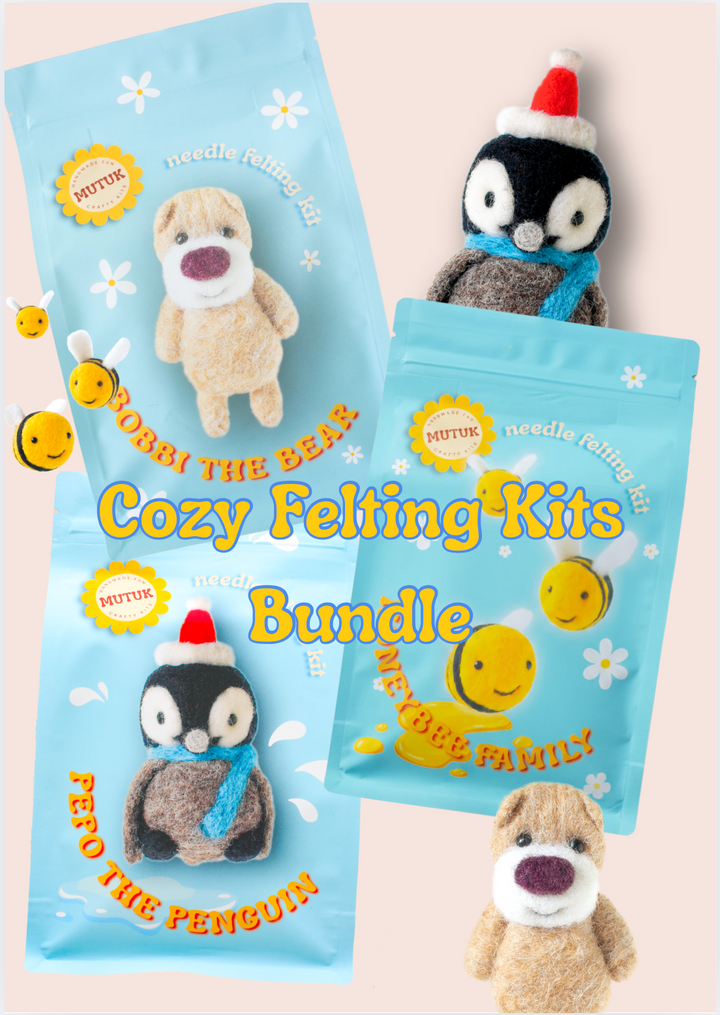3 Cozy Needle Felting Kits Bundle 🐻🐧🐝