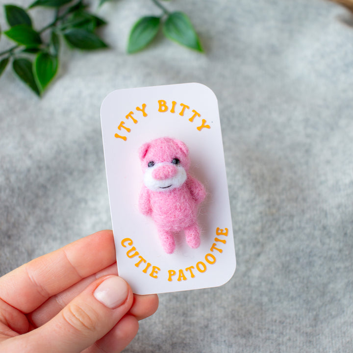 Felted Pink Teddy Bear Brooch – Needle Felted Lapel Pin