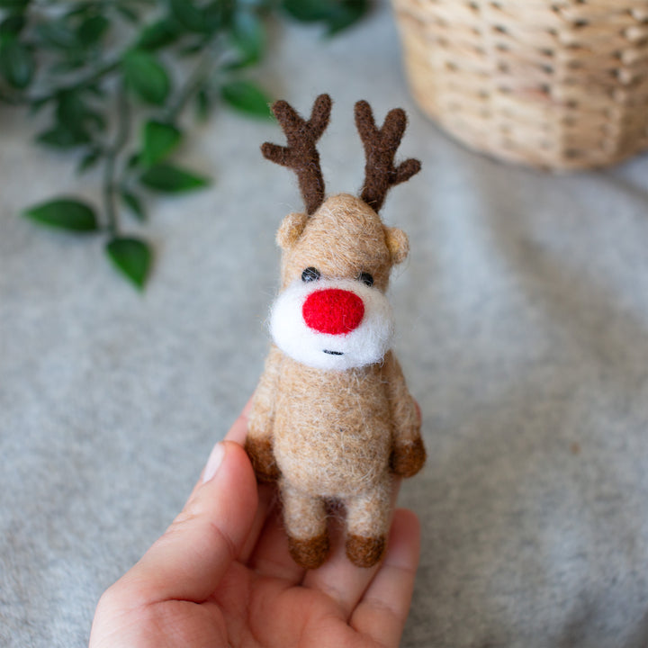 Felted Rudolph Reindeer Brooch - Needlefelted Christmas Reindeer Pin