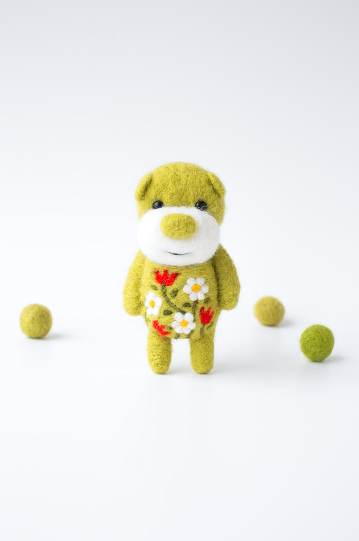 Needle Felted Green Blossom Bear